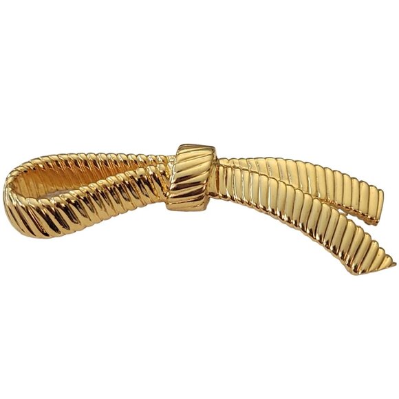 Gold Tone Vintage Ribbed Ribbon Brooch Pin Designer Style, L9 - Picture 10 of 10